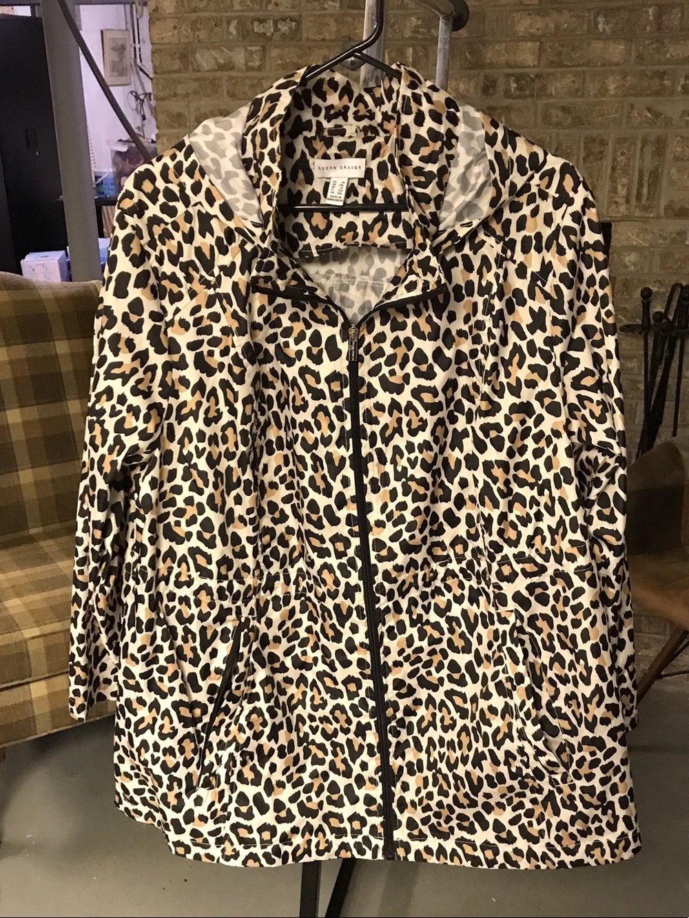 Susan Graver Leopard Print Hooded Utility Jacket in Beige and Black